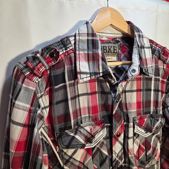BKE Pearl Snap Shirt Men's Small Slim Fit Red Plaid Long Sleeve Western - Picture 5 of 9